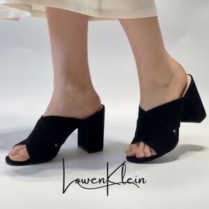 Cole Haan Grand.OS Black Suede Criss Cross Block‎ Heel Mules Slides Size 8.5B